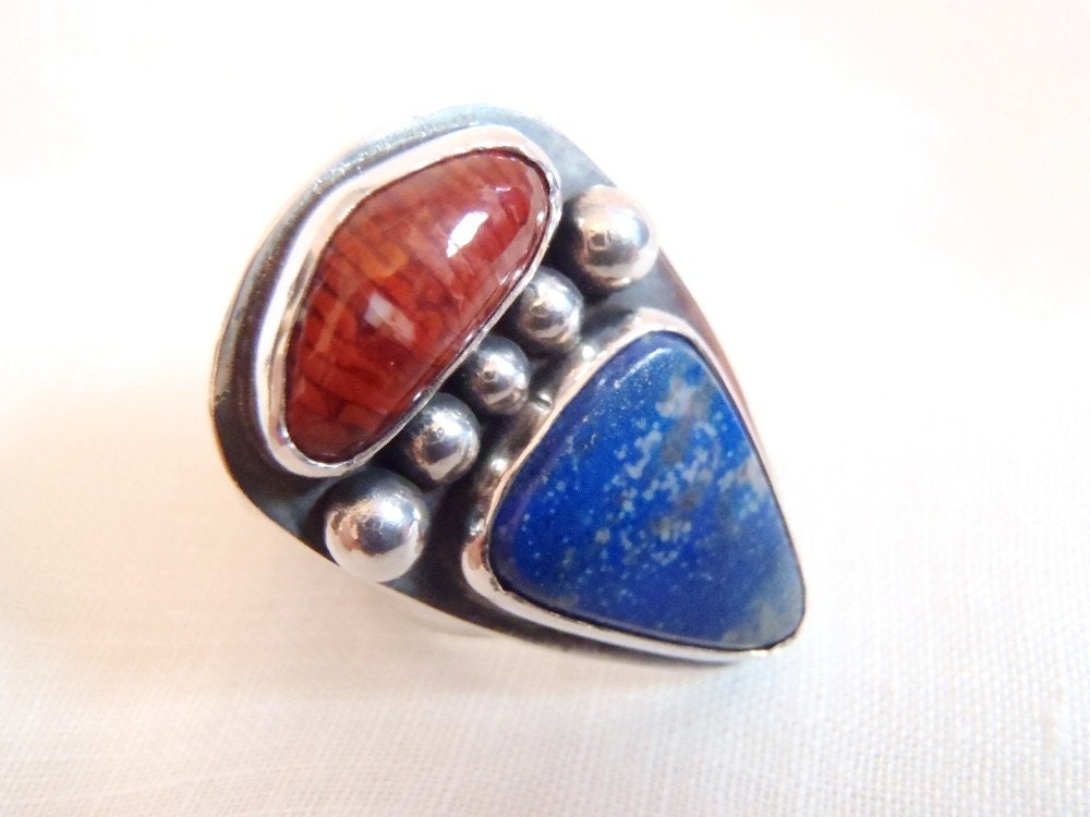 Lapis Lazuli Utah Horn Coral and Sterling Silver Ring Handcrafted Unique Jewelry Vintage 1970s Size 8-1/2