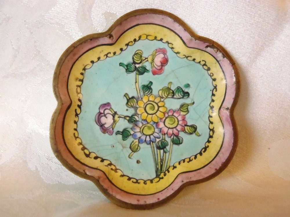 RESERVED FOR BONNIE Vintage Chinese Enamel on Copper Dish Scallop Edged Hand Painted Flowers Pink Blue Yellow Trinket Dish Made in China