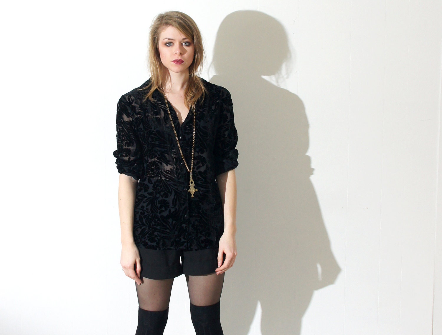 90s vintage // black velvet burnout blouse