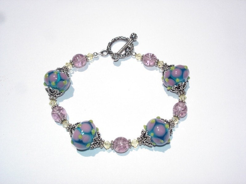 Lampwork Bracelet with Swarovski Crystal, Crackle Glass and Sterling Silver