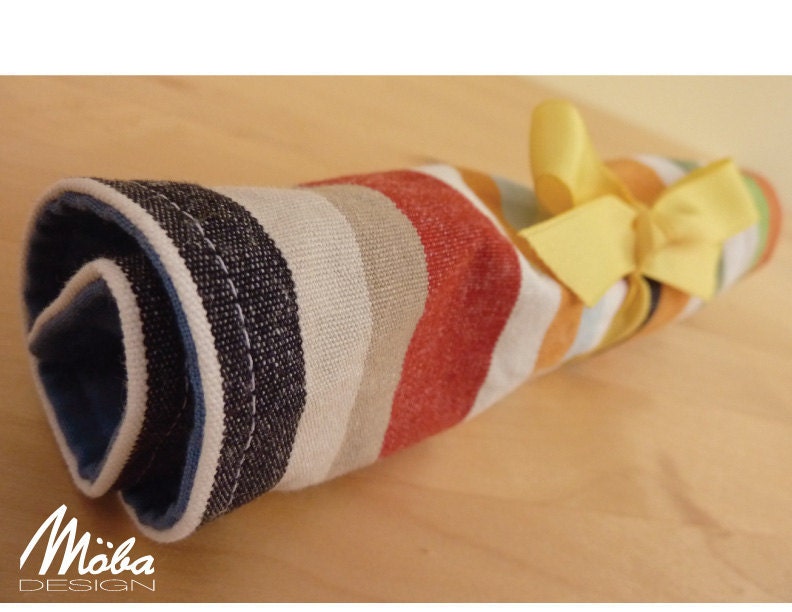 Cutlery Roll, Multicoloured Stripe with Chocolate Brown and Cobalt Blue with Yellow ribbon Silverware Wrap