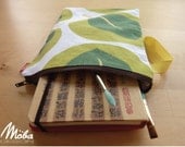 Zippered Pouch, Lined White with Green Leaves Pattern, Brown Zippered Bag with Yellow Strap