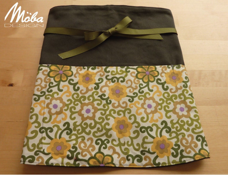 Chef Waist Apron, Dark Green with Flowery Garden Pattern and Green Ribbon Tie