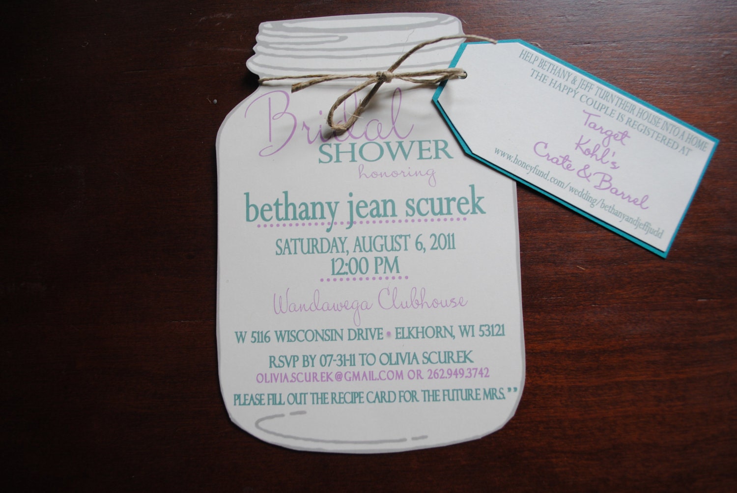 Mason Jar Bridal Shower Invitations with Registry Tag