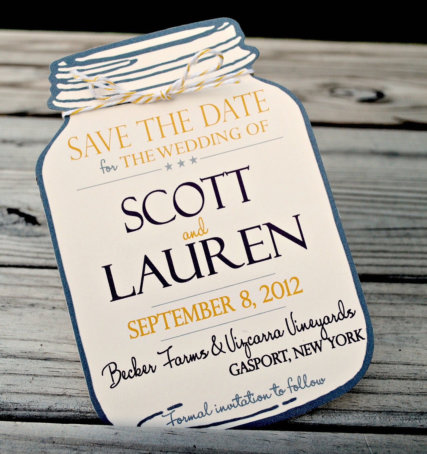 Mason Jar Save the Date (with bakers twine) envelopes included