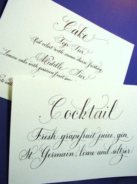 Custom Calligraphy Wedding Sign Accessories for Menu, Wine List,  Cake, Cocktails, Welcome and Thank You for Coming