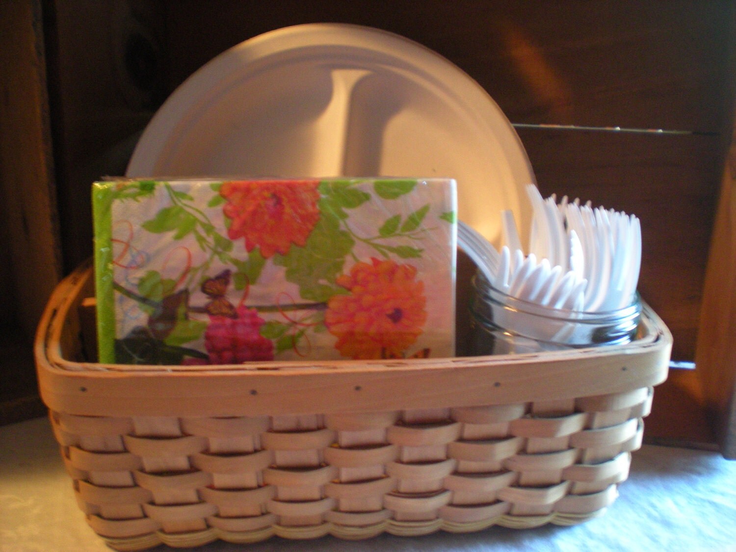 Basket Caddy Paper Plate Napkin Caddy Wicker Basket by EnochFarm