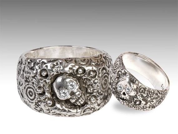 Silver Skull Wedding Ring Set with Diamonds