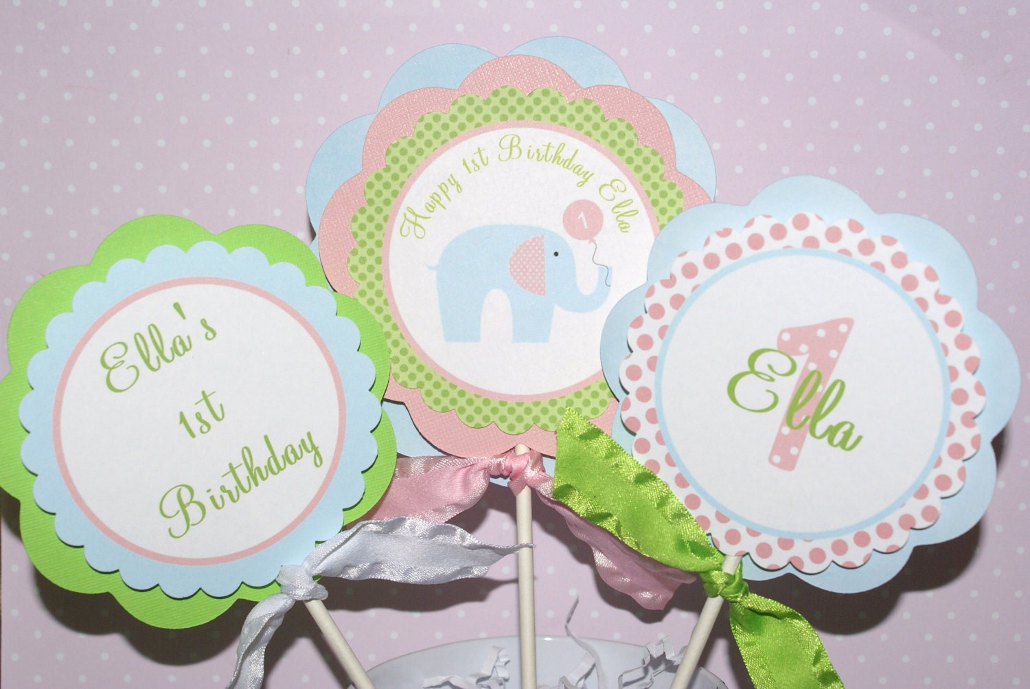 Little Peanut, Elephant 1st Birthday Party Centerpiece (baby blue, pink & green) by The Party Paper Fairy
