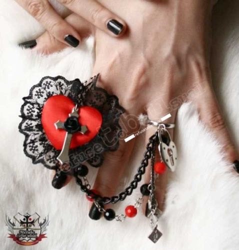 Gothic Lolita EGL Valentine Red Satin Heart Love Padlock Poker Card double rings (adjustable)