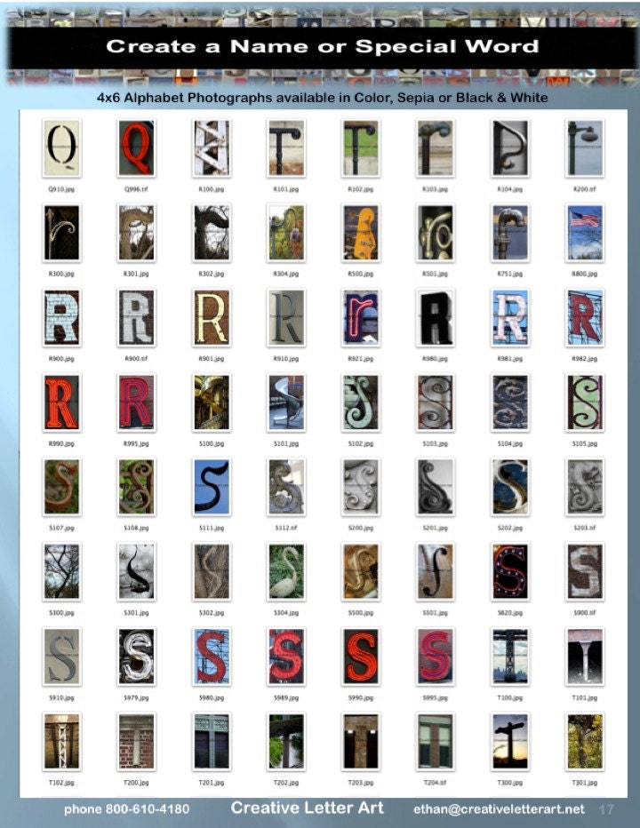 Alphabet Photography Letter Q R S T U V W X Y Z 4x6 Color Photographs with Optional Mat & Framing available