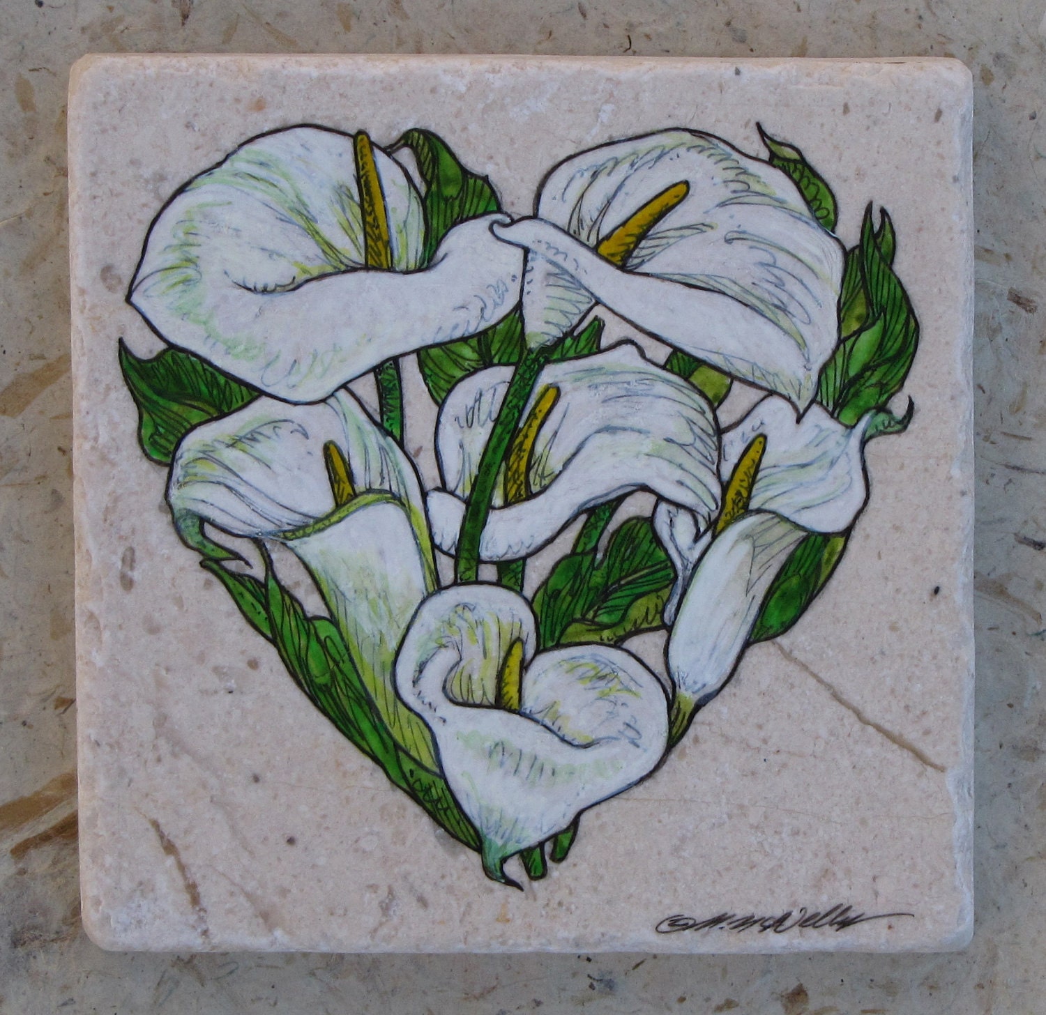 Calla Lily Heart Original Art created on Italian Marble-FREE SHIPPING