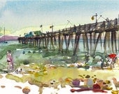 Capitola Beach, California - watercolor sketch in blue, green and yellow - 8x10 print