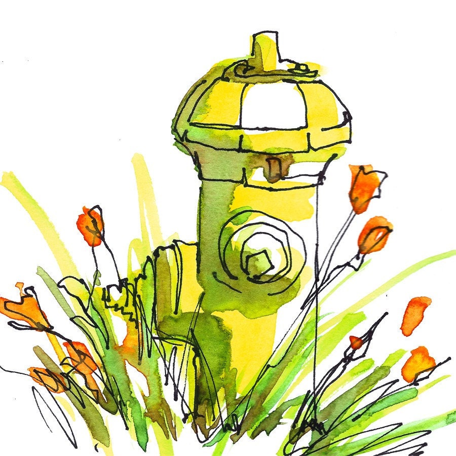 Watercolor sketch, California Poppies and Fire hydrant nature sketch - 8x10 inch print