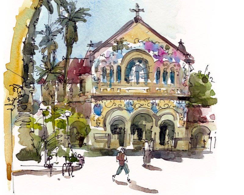 Graduation Gift  Gift for Grads Stanford Memorial Church, Palo Alto, California, a watercolor sketch - 8x10 print