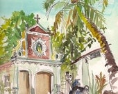 Goa, India Sketch, Chapel and palms in green and terracotta, A watercolor travel sketch - 8x8 print