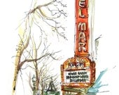 Santa Cruz Del Mar Art Deco Movie Theater, california Watercolor Sketch in red, yellow and burnt orange - 8x10 print