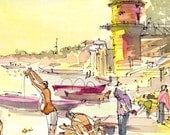 India sketch Varanasi Morning light on the River, watercolor sketch in yellow - 8x10 print