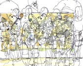 Abstract Art at the museum, New York city watercolor sketch, Jackson Pollock in yellow and grey - 8x8 print