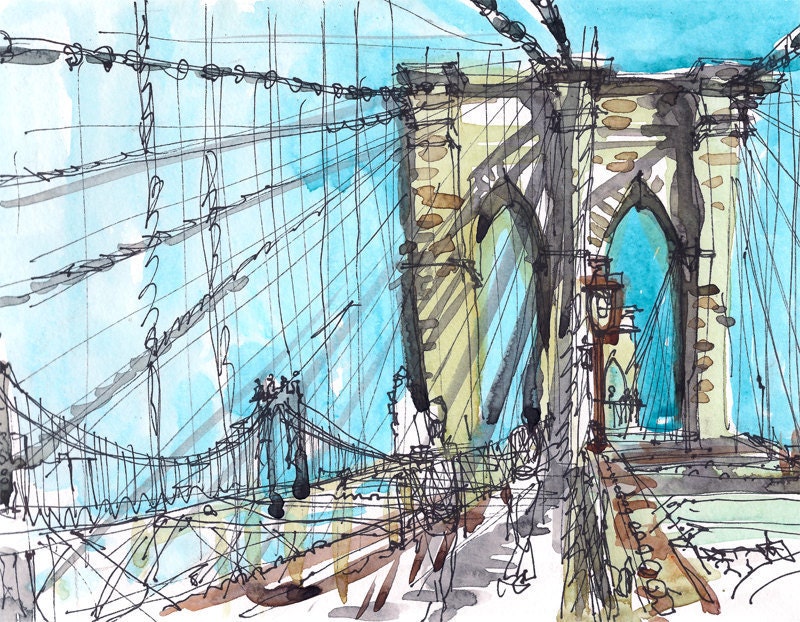 Brooklyn Bridge New York sketch watercolor sketch in blue, yellow and grey - 8x10 art print from an original watercolor sketch