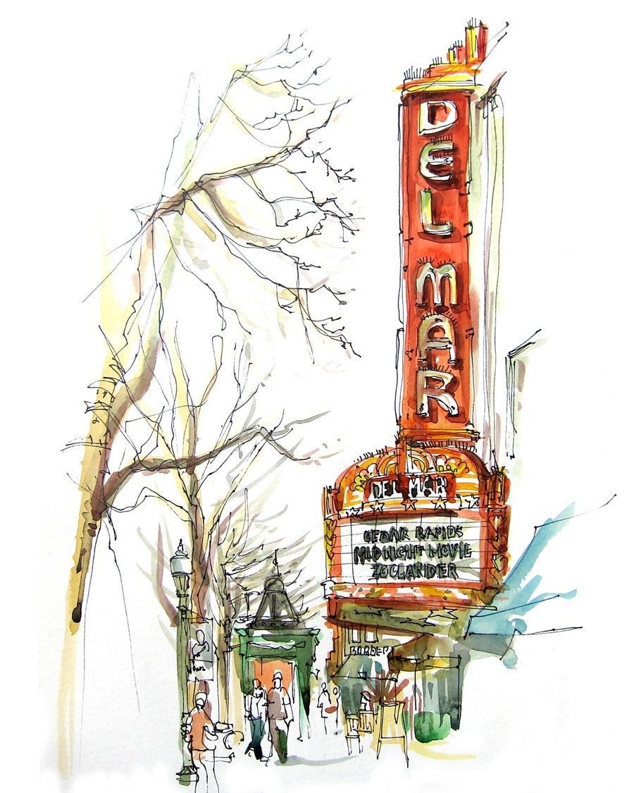 Santa Cruz Del Mar Art Deco Movie Theater, california Watercolor Sketch in red, yellow and burnt orange - 8x10 print