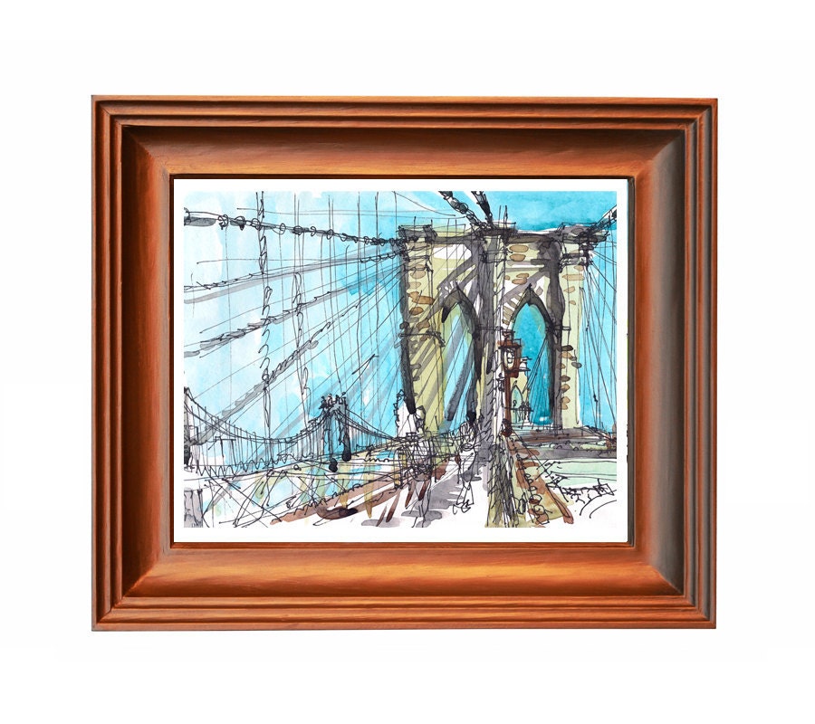 Brooklyn Bridge New York sketch watercolor sketch in blue, yellow and grey - 8x10 art print from an original watercolor sketch