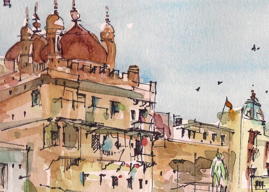 Sketch from India, Varanasi in terracotta, gift for traveler - 8x8 print from an original watercolor sketch
