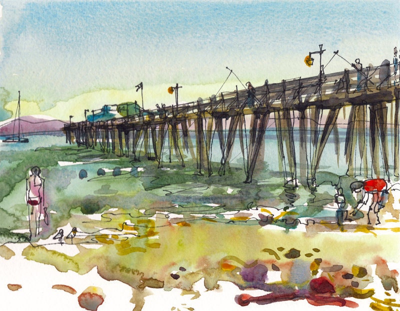 Capitola Beach, California - watercolor sketch in blue, green and yellow - 8x10 print