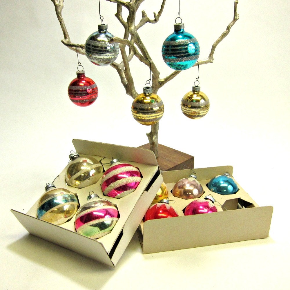 14 vintage glitter frosted and striped Christmas ornaments