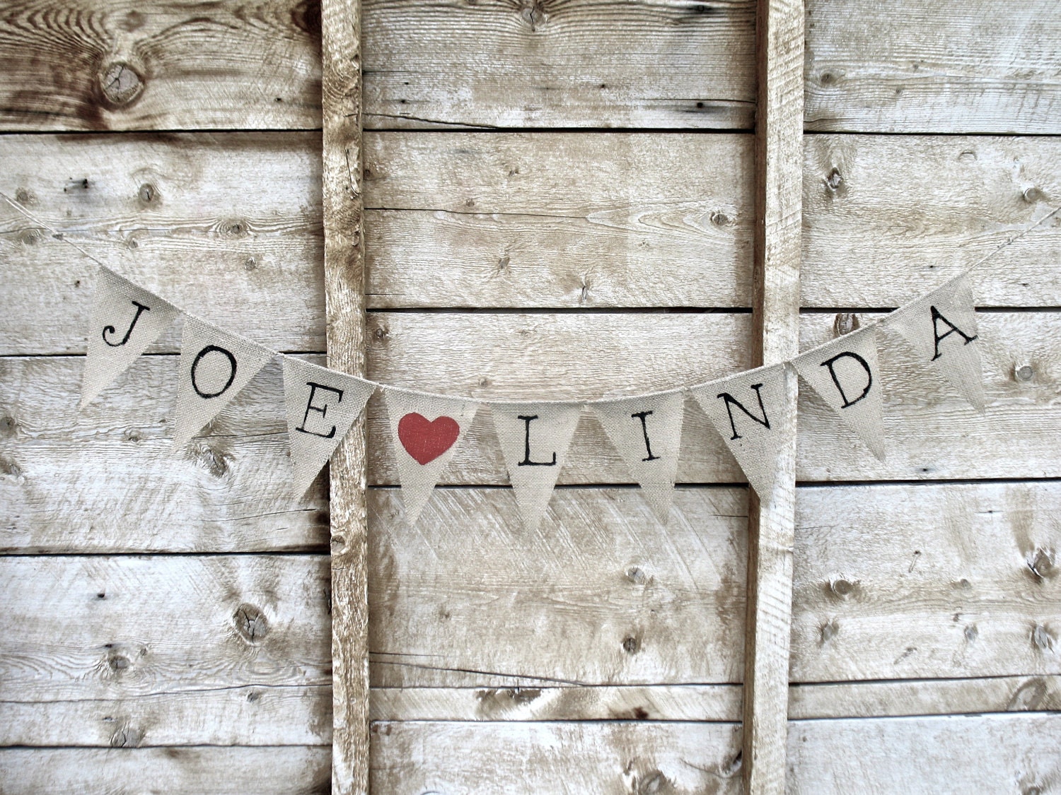 Customized Burlap Love Banner, in Old Type Face Lettering. Monogram, surname, his and hers