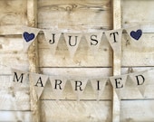 Just Married double burlap banner with hearts