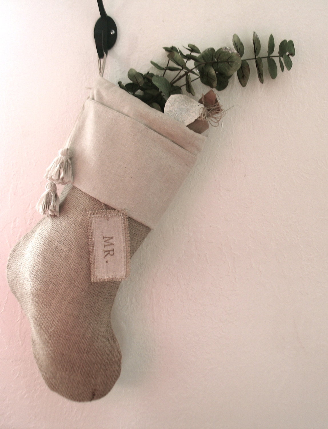 Burlap Christmas Stocking, plain cotton cuff, cotton tassels