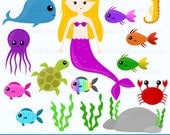 Mermaid clip art - under the sea - fish, octopus, crab, great for scrapbooking, cardmarking