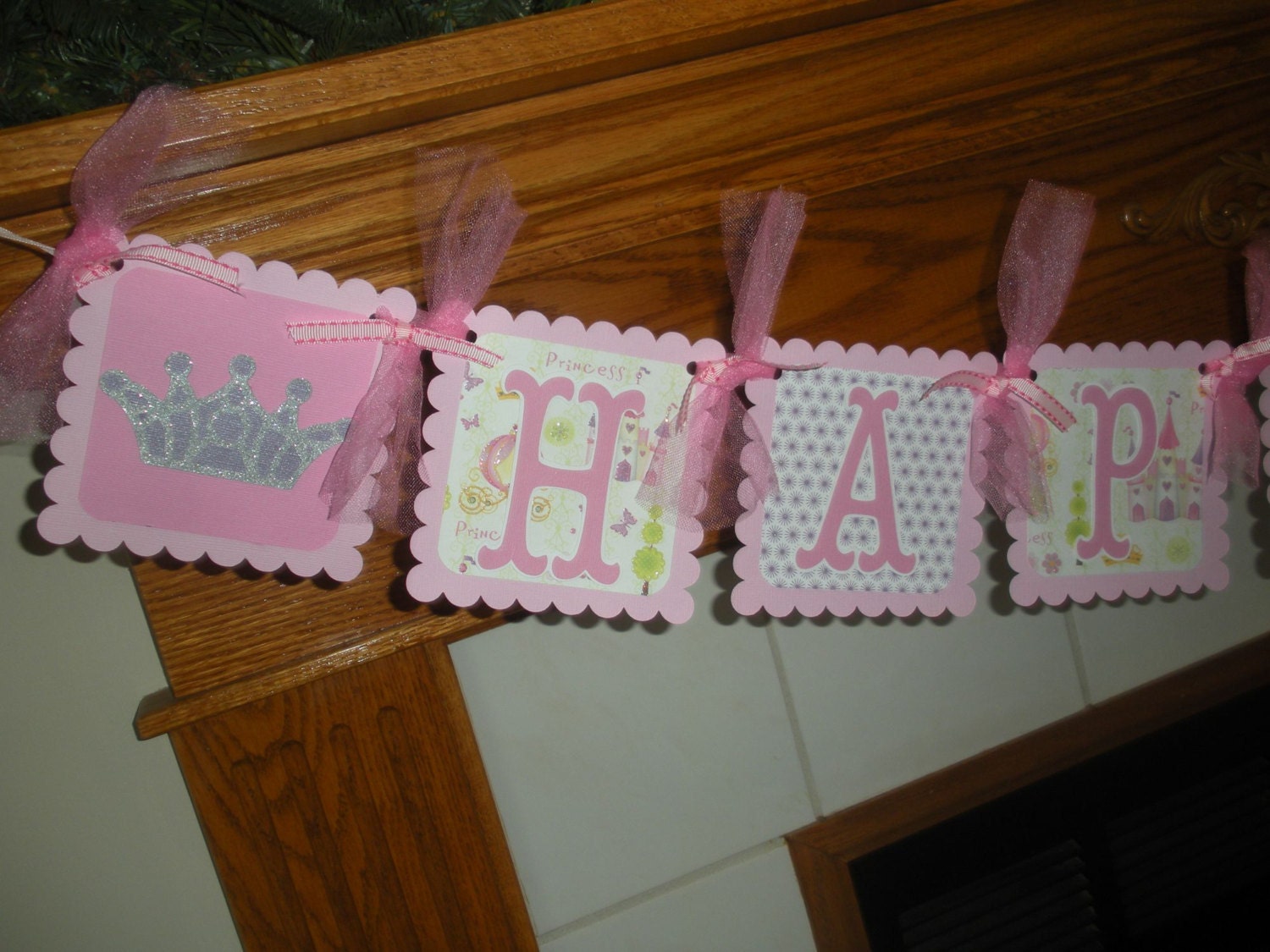 Birthday Banner Princess Crowns Happy Birthday Banner  Matching Tissue Pom Poms Available