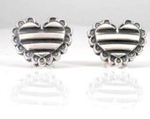 Striped Silver Heart Post Earrings with Flair - Handmade