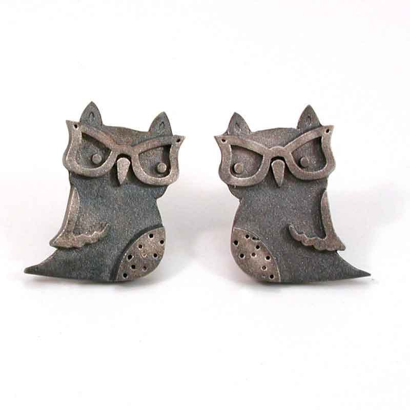 Owl With Glasses Earrings - Sand Blasted Sterling Silver- Handmade LAST PAIR