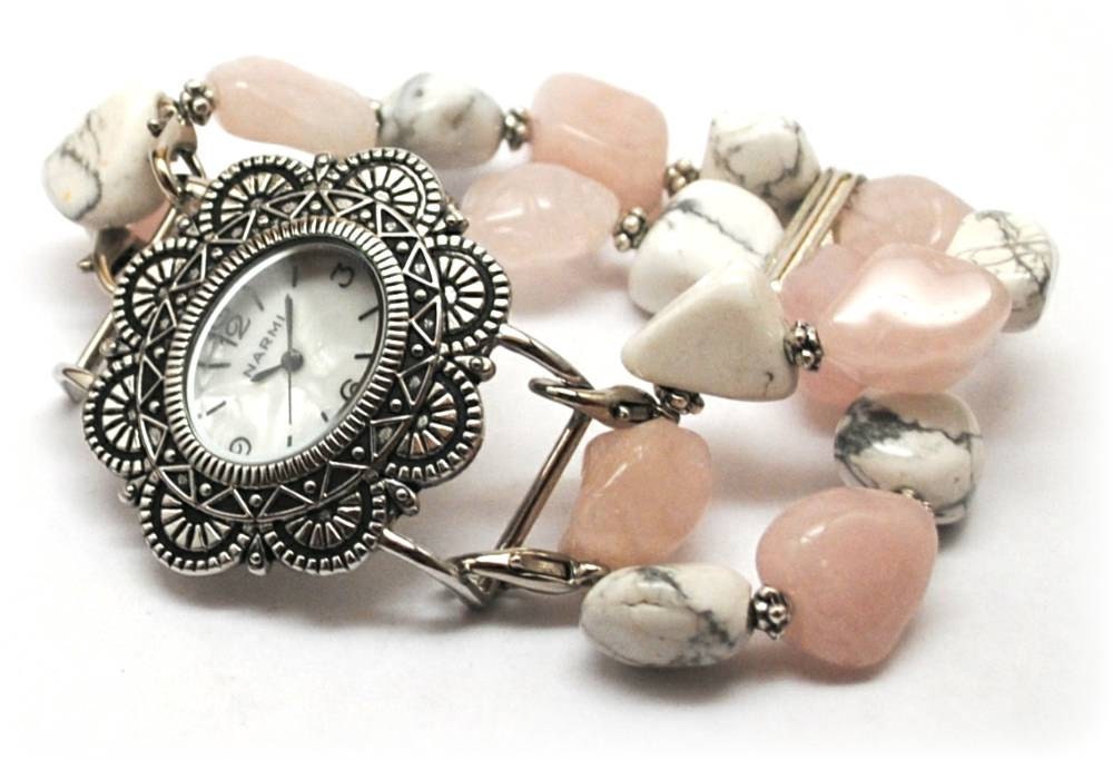 Beaded Interchangeable Watch and Band - Pink and White Flower