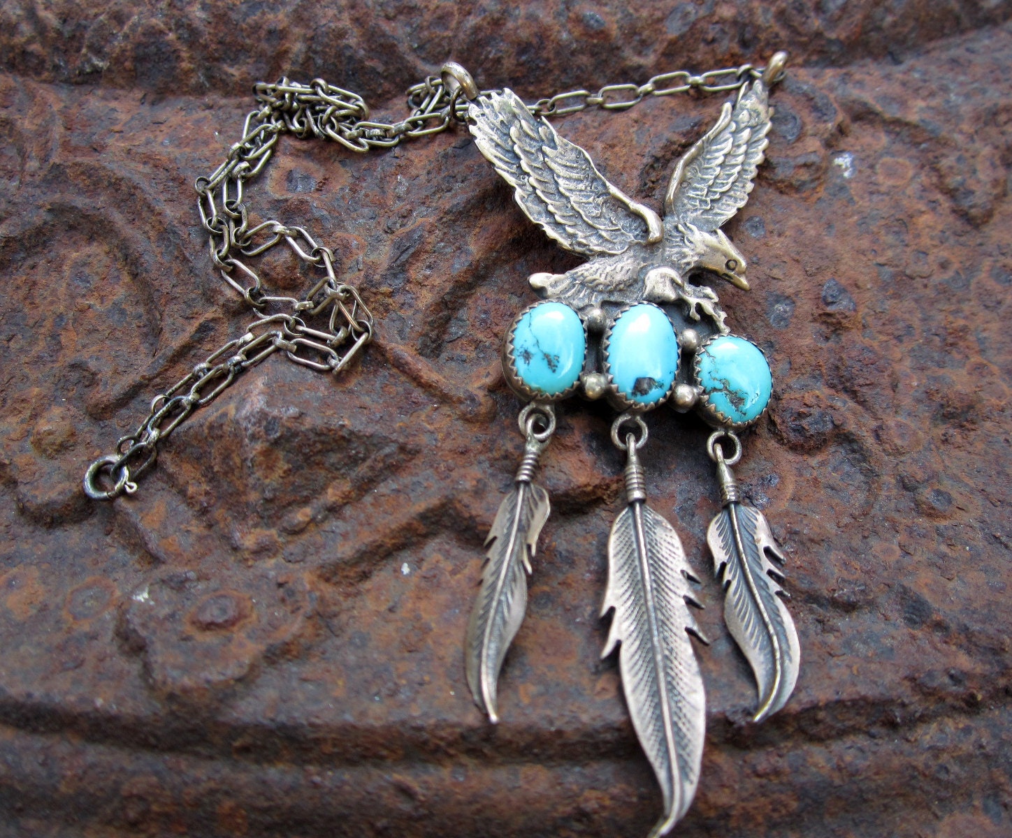 Vintage Turquoise & Silver Eagle Necklace with Feathers - Native American