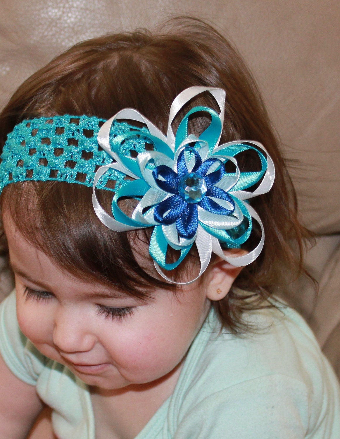 Baby Girl 4" Turquoise Navy Light Blue White Satin Ribbon Flower Hair Clip Bow Crochet Headband
