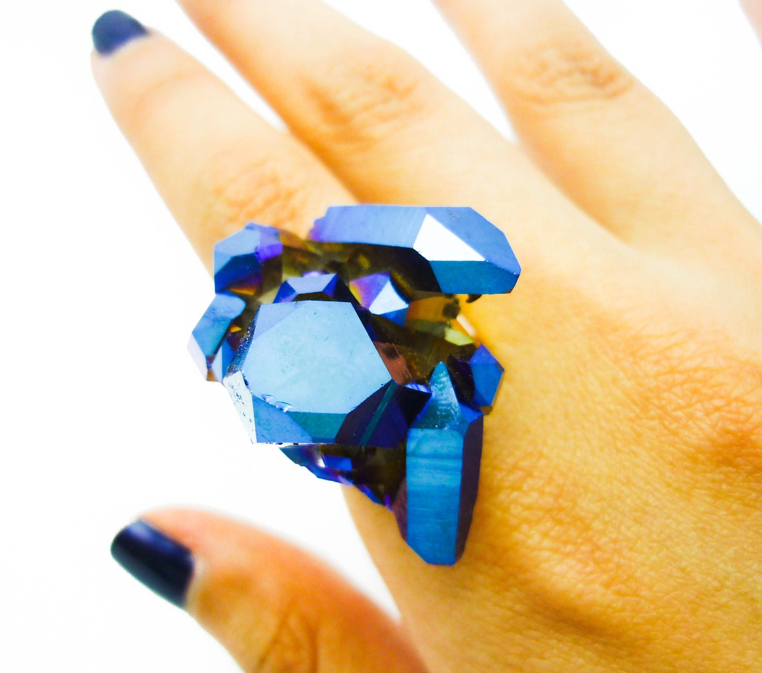 Cobalt Blue Druzy Ring Titanium Quartz Rainbow Crystal Aura Cluster