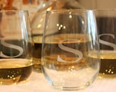 Set of Four Monogrammed Stemless White Wine Glasses