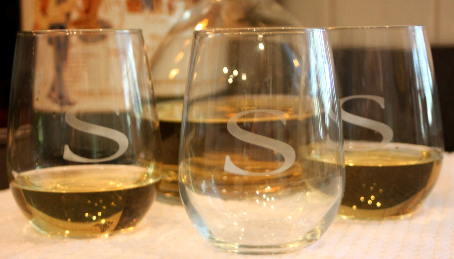 Set of Four Monogrammed Stemless White Wine Glasses