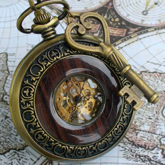 SALE ----  Steampunk  Jules Verne pocket watch key NECKLACE Victorian locket pendant charm