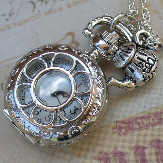 Alice in Wonderland Steampunk pocket WATCH necklace pendant charm locket TEA TIME-- never late for your T E A