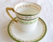Vintage Teacup & Saucer -Haviland and Co, Limoges, France-Jean Pouyat, Limoges, France - Green and Gold