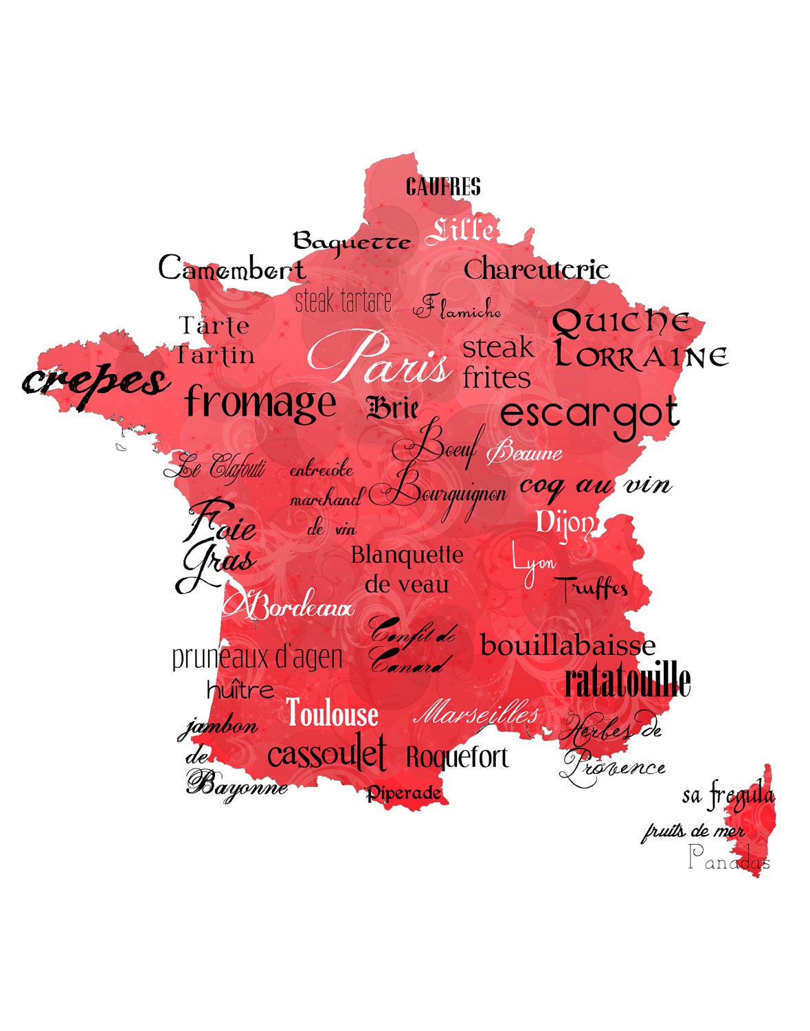 Best of French Cuisine Word Art, 11"x14" France Typography Map Print on Somerset Velvet Fine Art Paper