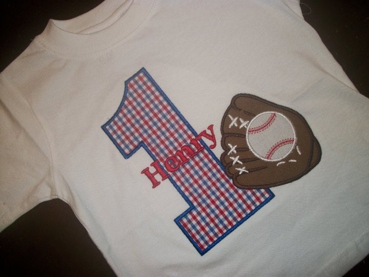Custom boutique birthday t shirt baseball sports ball glove bat applique gingham 1st 2nd first girls boys tee onesie