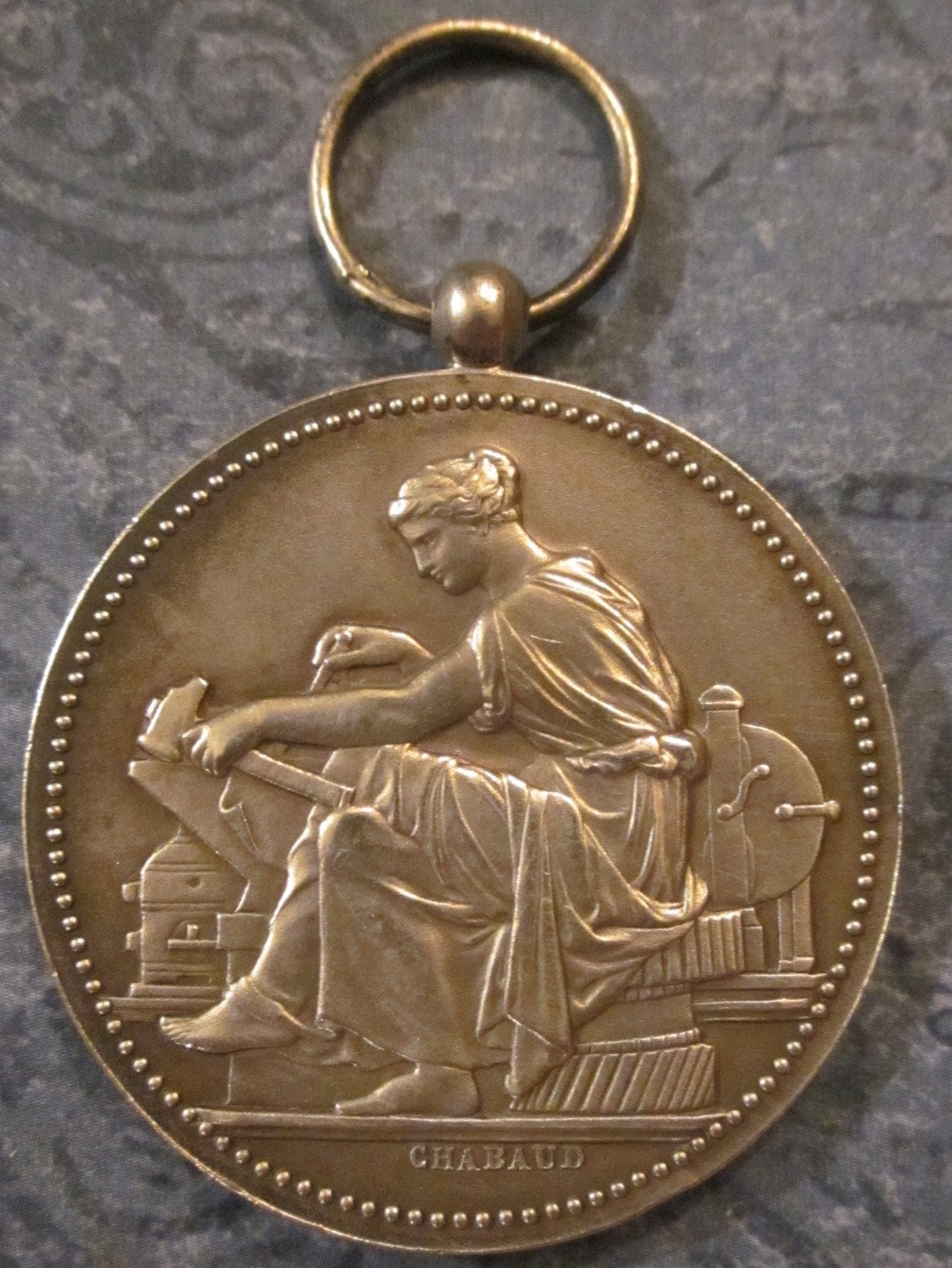 Antique Sterling Silver French Lady Industry Art Medal Pendant