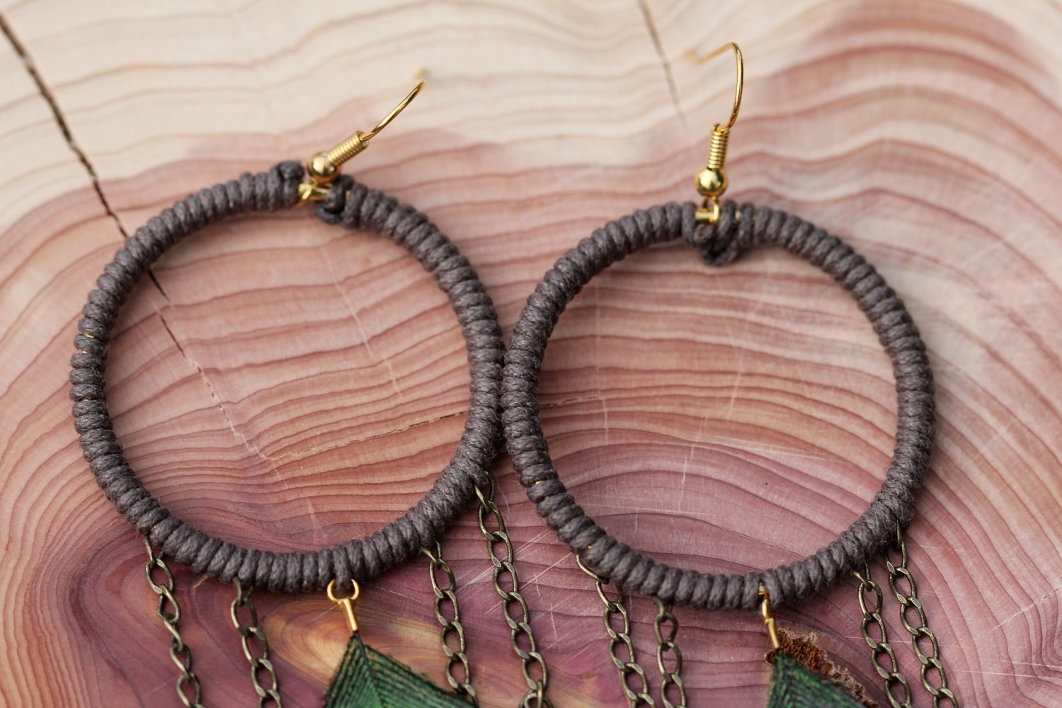 Bohemian Peacock Feather Hoop Earrings: Cotton Wrapped Hoops with Chain Accents