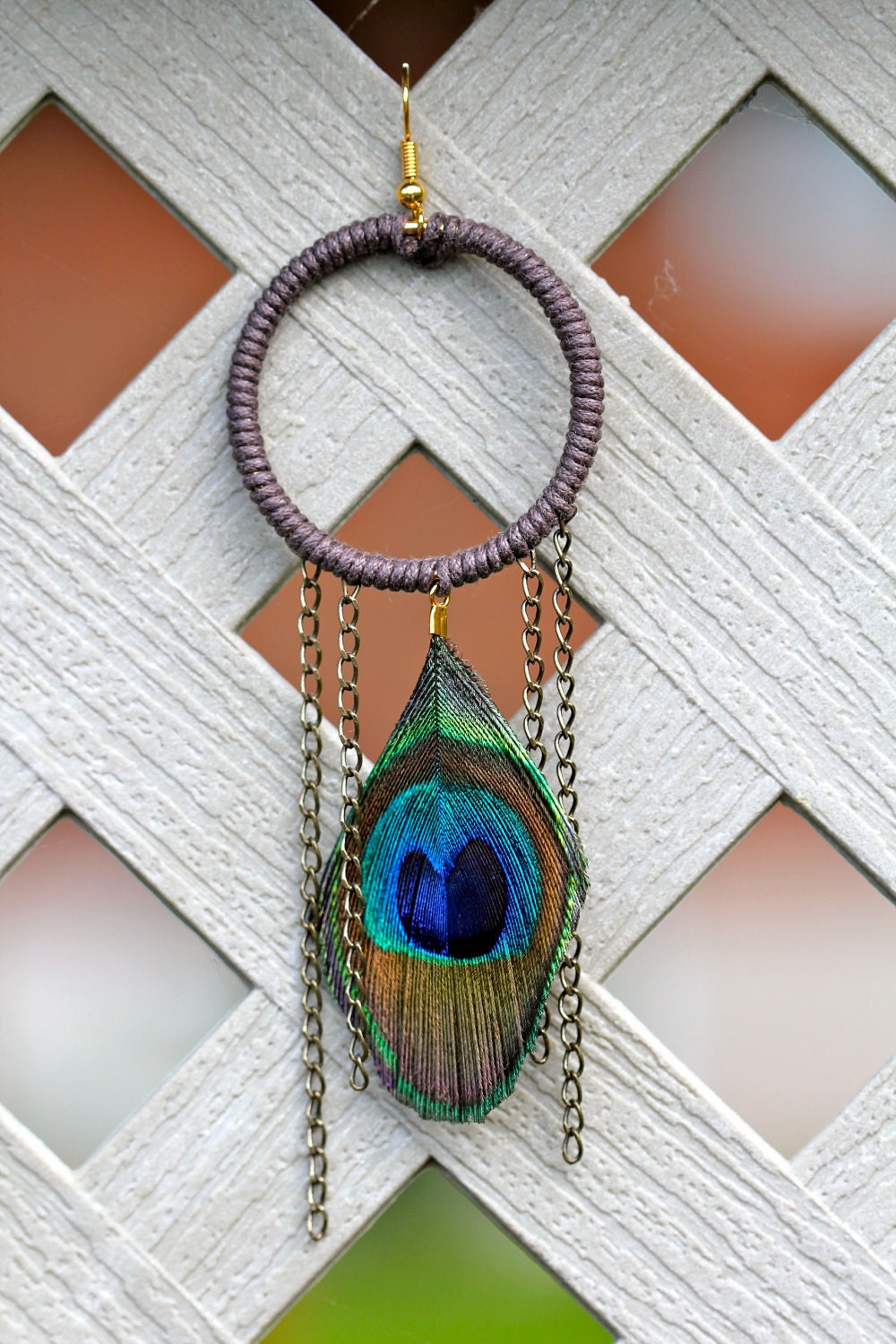 Bohemian Peacock Feather Hoop Earrings: Cotton Wrapped Hoops with Chain Accents